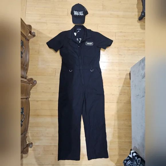 Rare Dolls Kill Logo Crew Merch Unisex Black White Jumpsuit Boiler Suit & Hat S - Picture 2 of 9